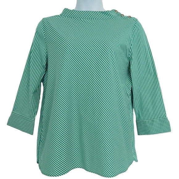Chico's Green White Diagonal Stripe 3/4 Sleeve Top Shoulder Buttons Modern - Picture 1 of 7